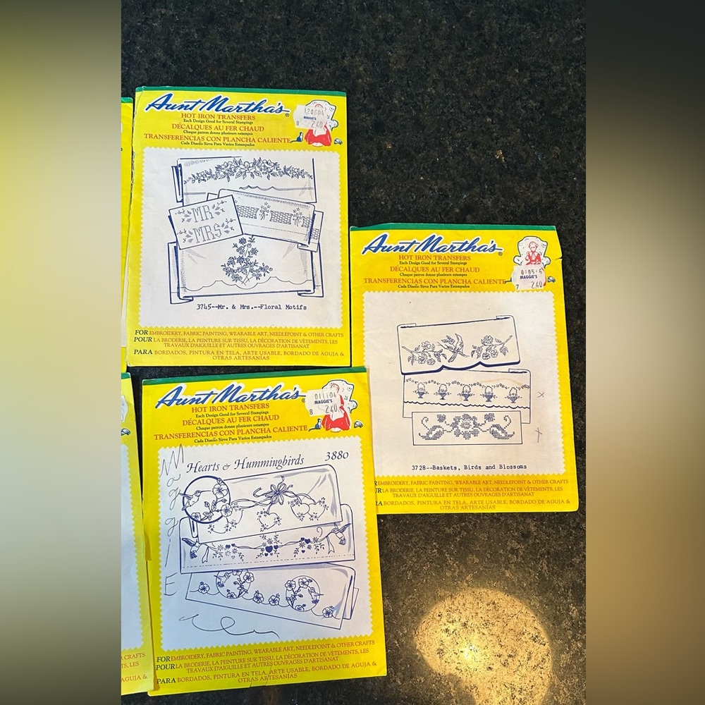 7 AUNT MARTHA'S HOT IRON TRANSFERS Embroidery Crafts 7 Packs  Read Notes Below